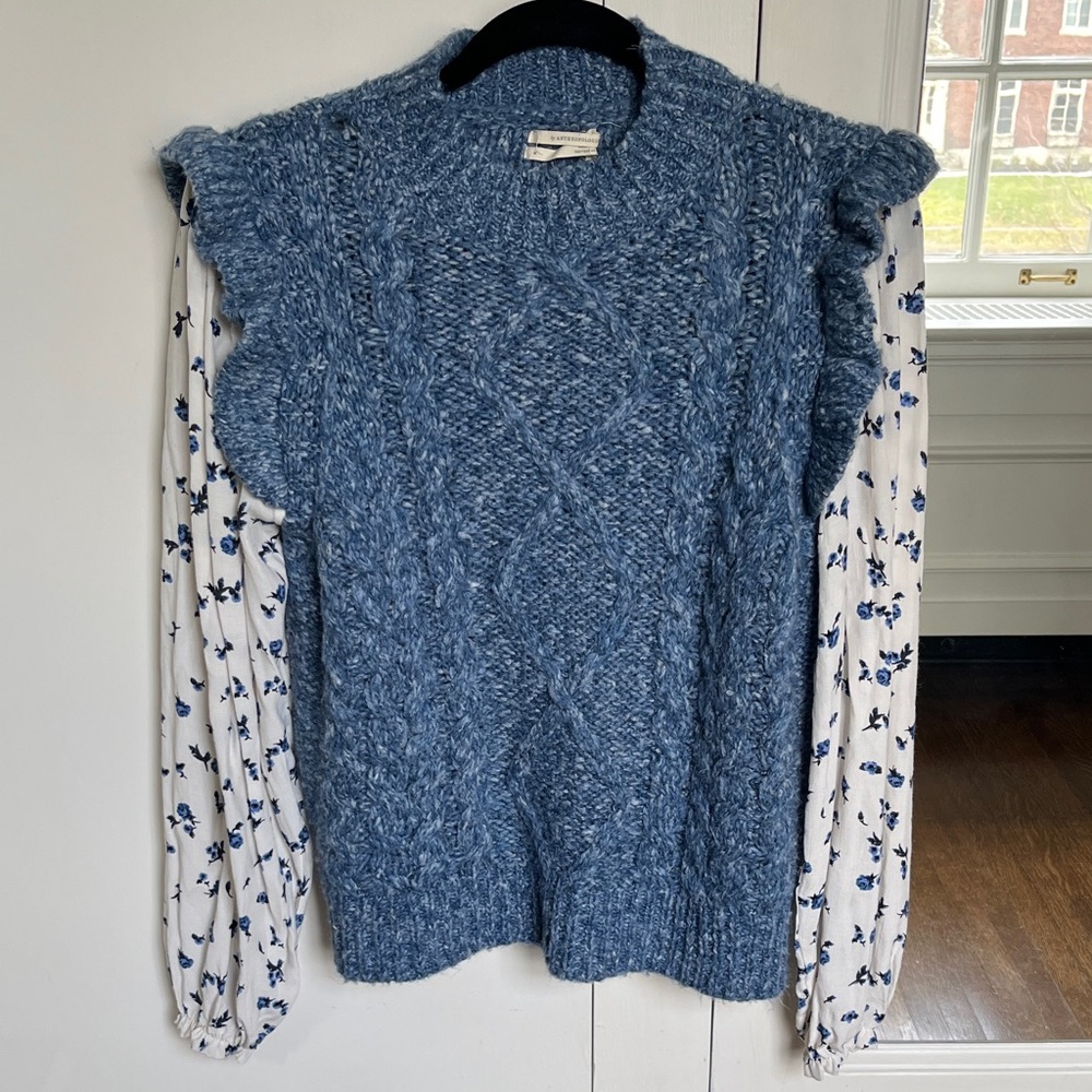 {{Anthropologie}} Blue Knit Sweater Vest with Floral Sleeves